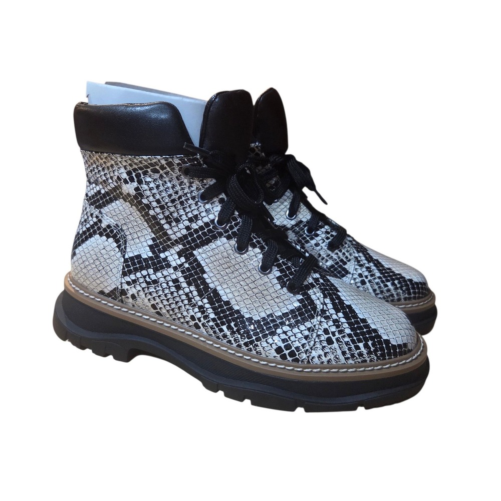 Linea Paolo Boca2-L Combat Boots Womens 7.5 Cream Black Snake Excellent Lug Sole